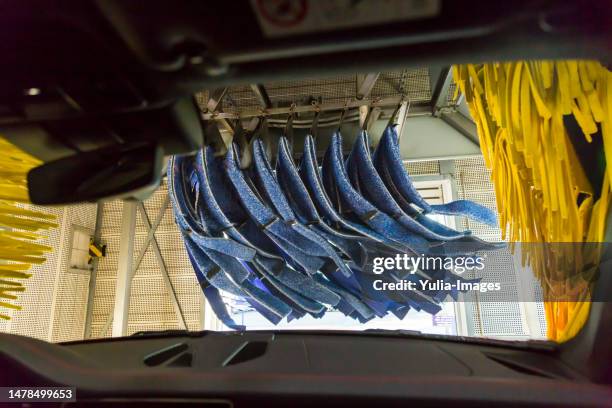 view of the brushes inside a car wash - drive through car wash stock pictures, royalty-free photos & images