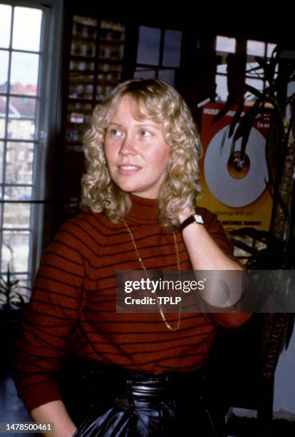 Swedish singer, songwriter, musician Agnetha Fältskog, of the Swedish supergroup ABBA, arrives at Polar Studios in Stockholm, Sweden, May 1981.