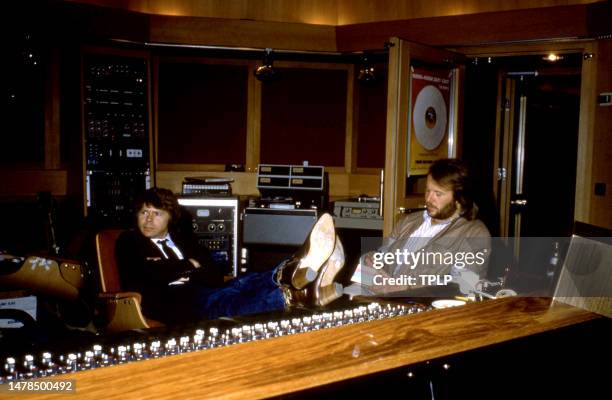 Swedish musicians Björn Ulvaeus and Benny Andersson, of the Swedish supergroup ABBA, sit at the music board at Polar Studios in Stockholm, Sweden,...