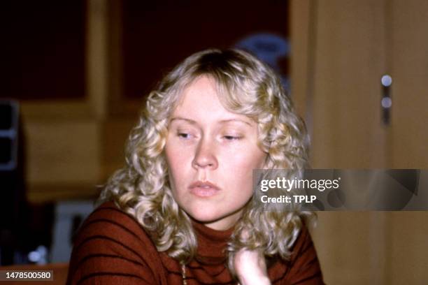 Swedish singer, songwriter, musician Agnetha Fältskog, of the Swedish supergroup ABBA, sits at Polar Studios in Stockholm, Sweden, May 1981.