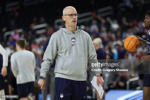 Head coach Dan Hurley of the Connecticut Huskies looks on during practice ahead of the 2023 NCAA Men's Basketball Tournament Final Four semifinal...