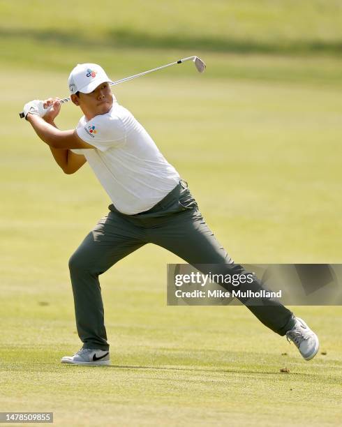 Si Woo Kim of South Korea reacts to his shot on the sixth hole during the second round of the Valero Texas Open at TPC San Antonio on March 31, 2023...