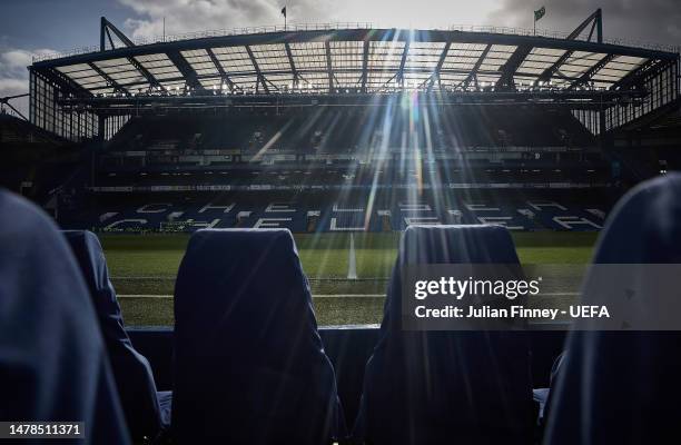 General view inside the stadium prior to the UEFA Women's Champions League quarter-final 2nd leg match between Chelsea FC and Olympique Lyonnais at...