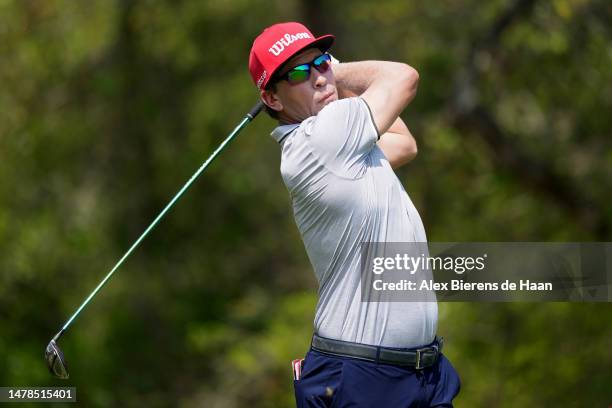 Ricky Barnes of the United States plays his shot from the first tee during the second round of the Valero Texas Open at TPC San Antonio on March 31,...