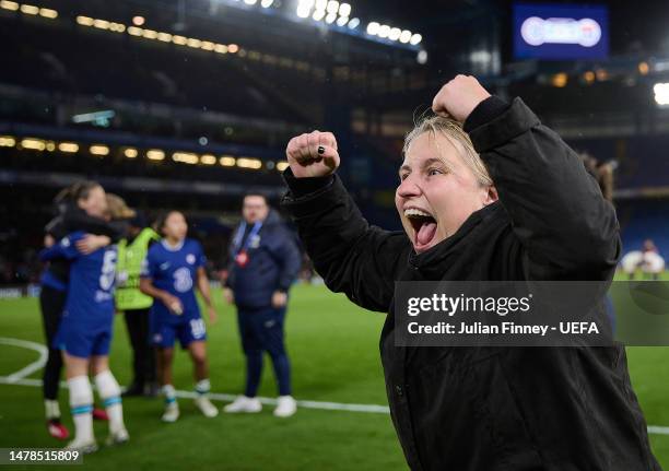 Chelsea Head Coach Emma Hayes celebrates their team's win during the UEFA Women's Champions League quarter-final 2nd leg match between Chelsea FC and...