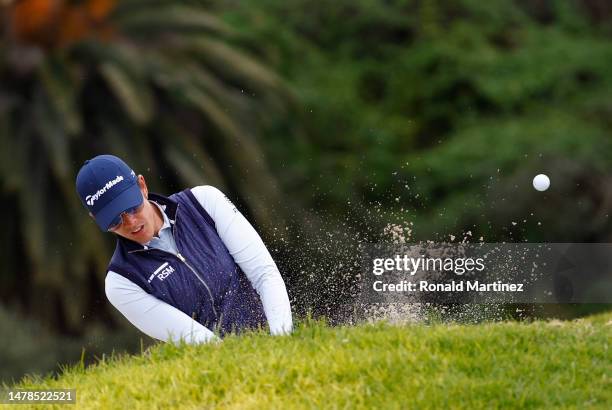 Maria Fassi of Mexico plays a shot from a bunker on the 11th hole during the second round of the DIO Implant LA Open at Palos Verdes Golf Club on...