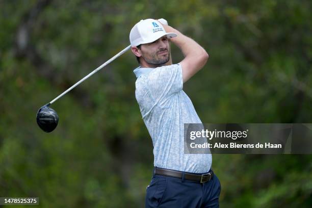 Kyle Stanley of the United States plays his shot from the first tee during the second round of the Valero Texas Open at TPC San Antonio on March 31,...