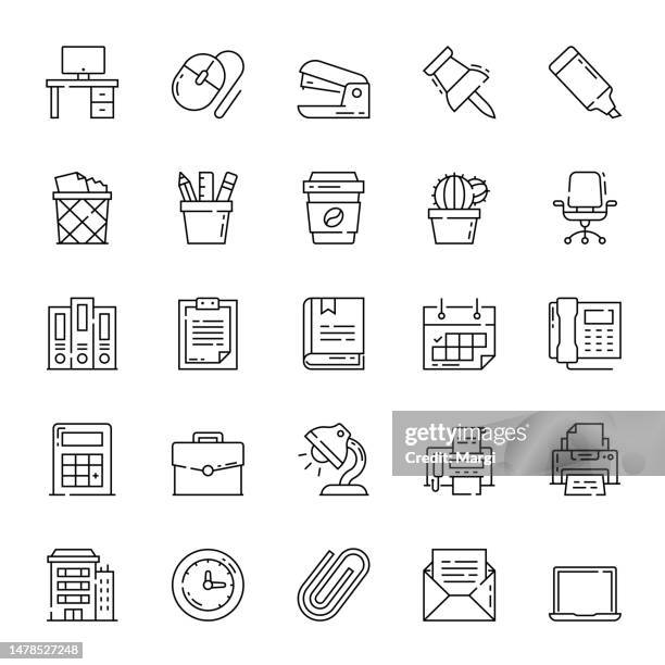 line icon set of workplace - pencil case stock illustrations