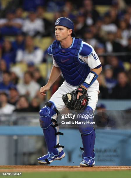 Will Smith of the Los Angeles Dodgers waits for a throw during an 8-2 win over the Arizona Diamondbacks on opening day of the 2023 Major League...