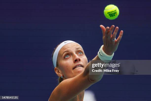 Petra Kvitova of the Czech Republic serves against Sorana Cirstea of Romania in the semi-finals of the women's singles at the Miami Open at the Hard...