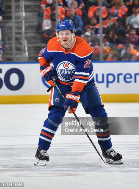 Mattias Janmark of the Edmonton Oilers skates during the game against the Los Angeles Kings on March 30, 2023 at Rogers Place in Edmonton, Alberta,...