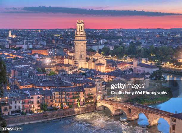 cityscape at night, verona, veneto, italy - verona italy stock pictures, royalty-free photos & images