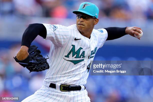 Jesus Luzardo of the Miami Marlins delivers a pitch against the New York Mets during the first inning at loanDepot park on March 31, 2023 in Miami,...