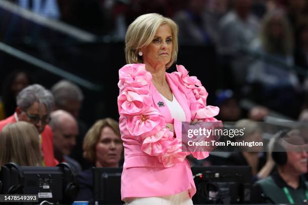 Head coach Kim Mulkey of the LSU Lady Tigers is seen during the first half against the Virginia Tech Hokies during the 2023 NCAA Women's Basketball...