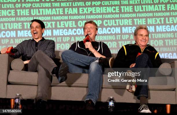 Ralph Macchio, William Zabka and Martin Kove attend MegaCon Orlando 2023 at Orange County Convention Center on March 31, 2023 in Orlando, Florida.