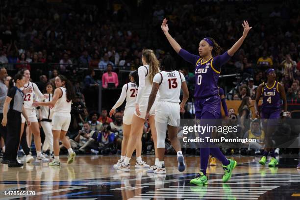 LaDazhia Williams of the LSU Lady Tigers reacts after a basket during the fourth quarter against the Virginia Tech Hokies during the 2023 NCAA...