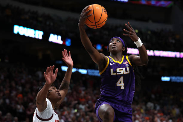 Flau'jae Johnson of the LSU Lady Tigers drives to the basket during the fourth quarter against the Virginia Tech Hokies during the 2023 NCAA Women's...