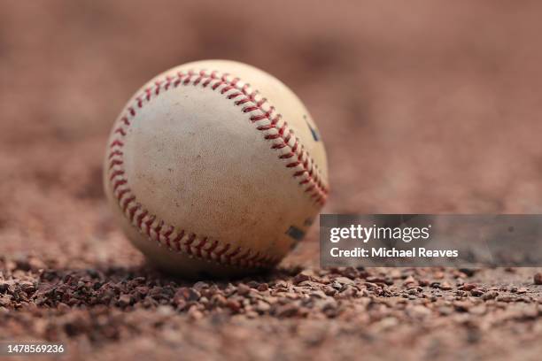 Detail of a baseball during the second inning between the Chicago Cubs and the Milwaukee Brewers at Wrigley Field on March 30, 2023 in Chicago,...