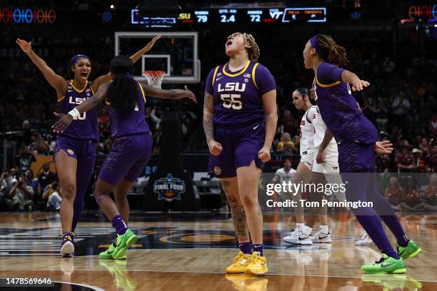 The LSU Lady Tigers react after a 79-72 victory over the Virginia Tech Hokies during the 2023 NCAA Women's Basketball Tournament Final Four semifinal...