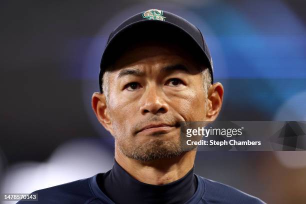 Ichiro Suzuki of the Seattle Mariners looks on before the game against the Cleveland Guardians at T-Mobile Park on March 31, 2023 in Seattle,...