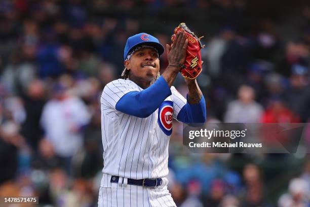 Marcus Stroman of the Chicago Cubs celebrates after retiring the side in the sixth inning against the Milwaukee Brewers at Wrigley Field on March 30,...