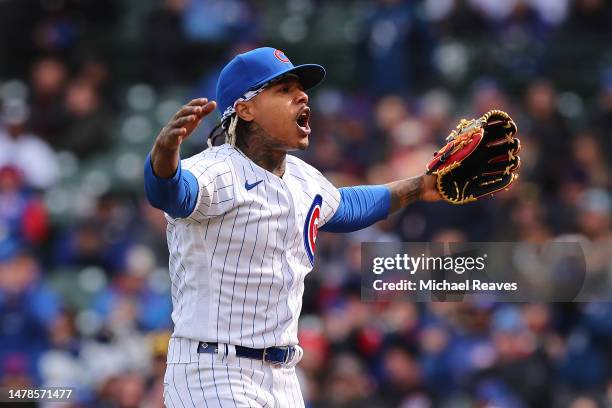 Marcus Stroman of the Chicago Cubs celebrates after retiring the side in the sixth inning against the Milwaukee Brewers at Wrigley Field on March 30,...