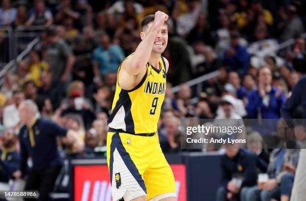 McConnell of the Indiana Pacers celebrates against the Oklahoma City Thunder at Gainbridge Fieldhouse on March 31, 2023 in Indianapolis, Indiana....