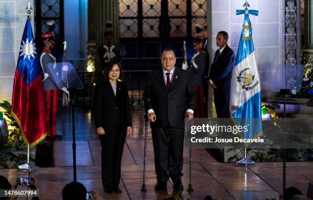 President of Taiwan Tsai Ing-Wen and President of Guatemala Alejandro Giammattei pose at the end of the press conference during an offcial visit at...