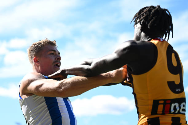 Cameron Zurhaar and Changkuoth Jiath of the Hawks wrestle during the round three AFL match between Hawthorn Hawks and North Melbourne Kangaroos at...