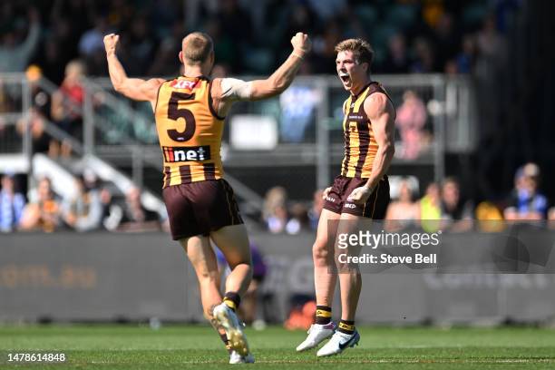 Dylan Moore of the Hawks celebrates a goal during the round three AFL match between Hawthorn Hawks and North Melbourne Kangaroos at University of...