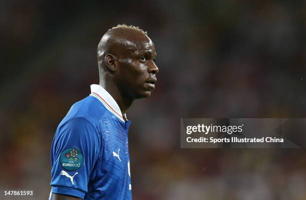 Mario Balotelli of Italy in action during the UEFA EURO 2012 final match between Spain and Italy at Olympic Stadium on July 1, 2012 in Kiev, Ukraine.