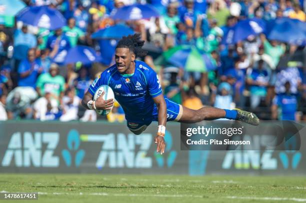 Selestino Ravutaumada of Fijian Drua scores a try during the round six Super Rugby Pacific match between Fijian Drua and Melbourne Rebels at HFC Bank...