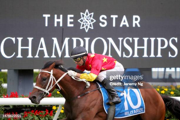 Joao Moreira riding Militarize wins Race 6 Inglis Sires in "The Star Championships Day 1" during Sydney Racing at Royal Randwick Racecourse on April...