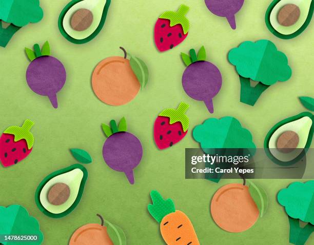 variation of fruits and vegetables in paper cutting work - fruit art stockfoto's en -beelden