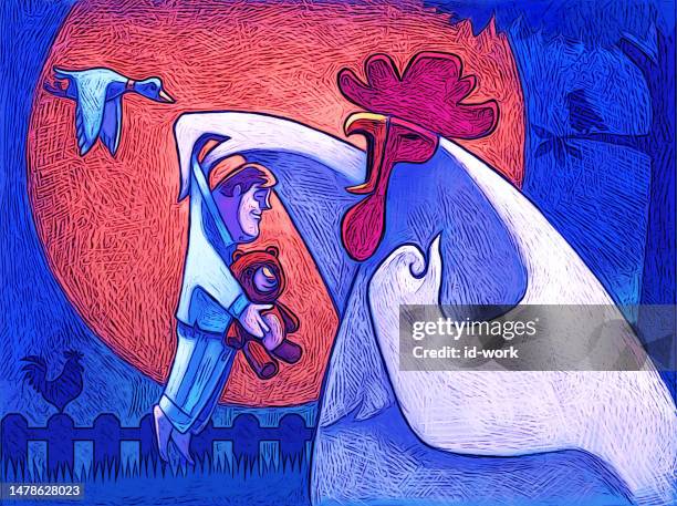 crowing rooster catching sleepy man - toy farm animals stock illustrations