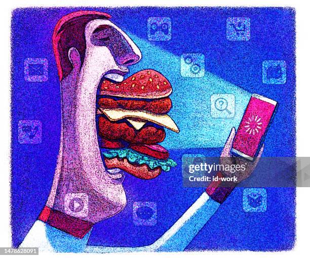 nerd eating hamburger and looking at smartphone - burger bite stock illustrations