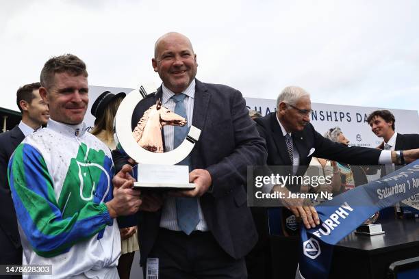 Trainer Peter Moody celebrates as Luke Nolen riding I Wish I Win wins Race 7 Furphy T J Smith Stakes in "The Star Championships Day 1" during Sydney...