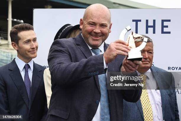 Trainer Peter Moody celebrates as Luke Nolen riding I Wish I Win wins Race 7 Furphy T J Smith Stakes in "The Star Championships Day 1" during Sydney...