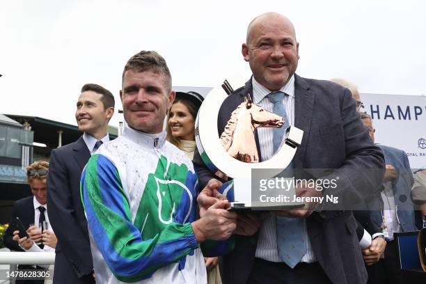 Trainer Peter Moody celebrates as Luke Nolen riding I Wish I Win wins Race 7 Furphy T J Smith Stakes in "The Star Championships Day 1" during Sydney...