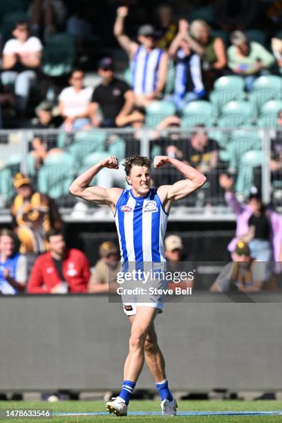 Nick Larkey of the Kangaroos celebrates a goal during the round three AFL match between Hawthorn Hawks and North Melbourne Kangaroos at University of...