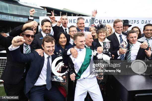 Trainers Ben and JD Hayes celebrates as Zac Purton riding Mr Brightside wins Race 8 The Star Doncaster Mile in "The Star Championships Day 1" during...