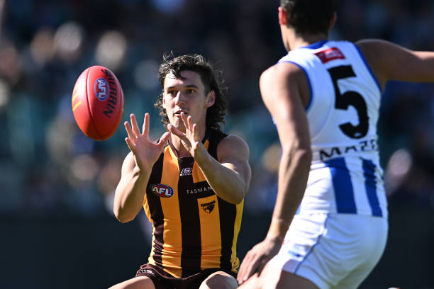 Connor Macdonald of the Hawks marks the ball during the round three AFL match between Hawthorn Hawks and North Melbourne Kangaroos at University of...
