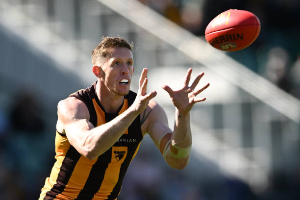 Sam Frost of the Hawks marks the ball during the round three AFL match between Hawthorn Hawks and North Melbourne Kangaroos at University of Tasmania...