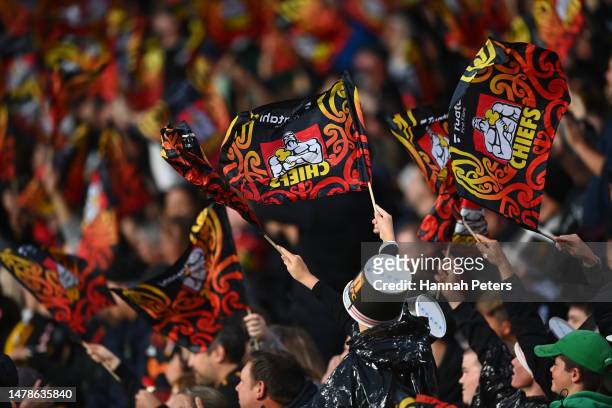 Chiefs fans shows their support during the round six Super Rugby Pacific match between Chiefs and Blues at FMG Stadium Waikato, on April 01 in...