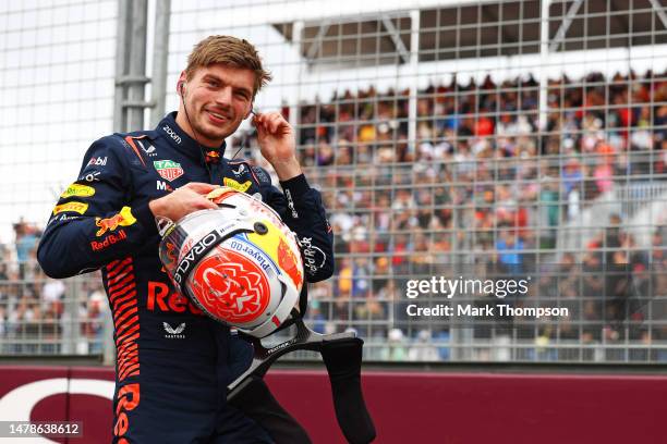 Pole position qualifier Max Verstappen of the Netherlands and Oracle Red Bull Racing celebrates in parc ferme during qualifying ahead of the F1 Grand...