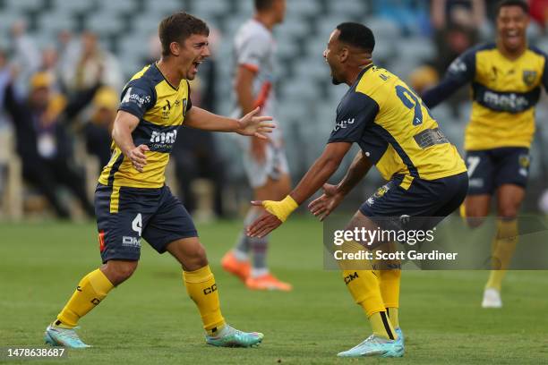 Joshua Nisbet of the Mariners celebrates a goal with teannates during the round 22 A-League Men's match between Central Coast Mariners and Brisbane...