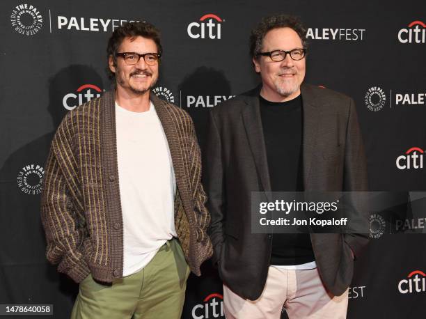 Pedro Pascal and Jon Favreau attend PaleyFest LA 2023 - "The Mandalorian" at Dolby Theatre on March 31, 2023 in Hollywood, California.