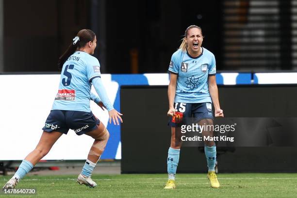 Mackenzie Hawkesby of Sydney FC celebrates with team mates after scoring a goal during the round 20 A-League Women's match between Sydney FC and...