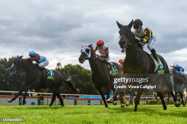 Daniel Stackhouse riding Here To Shock winning Race 8, the Bet365 Golden Mile, during Melbourne Racing at Bendigo Racecourse on April 01, 2023 in...
