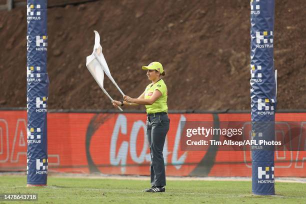 Goal umpire Taylor Mattioli debuts during the round three AFL match between Greater Western Sydney Giants and Carlton Blues at GIANTS Stadium, on...